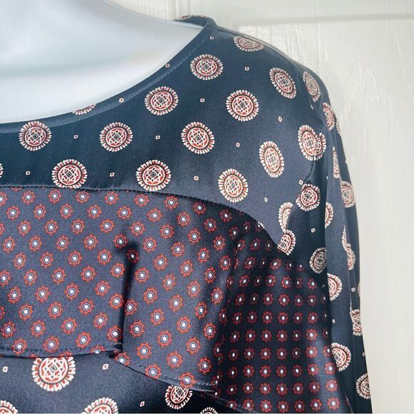 Banana Republic Foulard Ruffle Yoke Sleeve Shift Silk Dress Navy Burgundy 4 - Picture 4 of 11